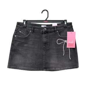 Black Denim Mini Skirt with Rhinestone Bow Accent Size 16